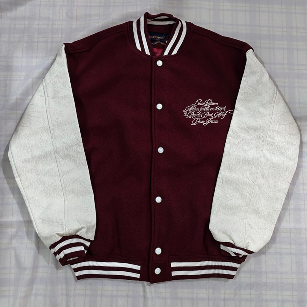Louis Vuitton Maroon and White Varsity Bomber Jacket
